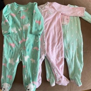 3 Carter’s baby girl pajama footies mint pink flannel fleece terry 6 months